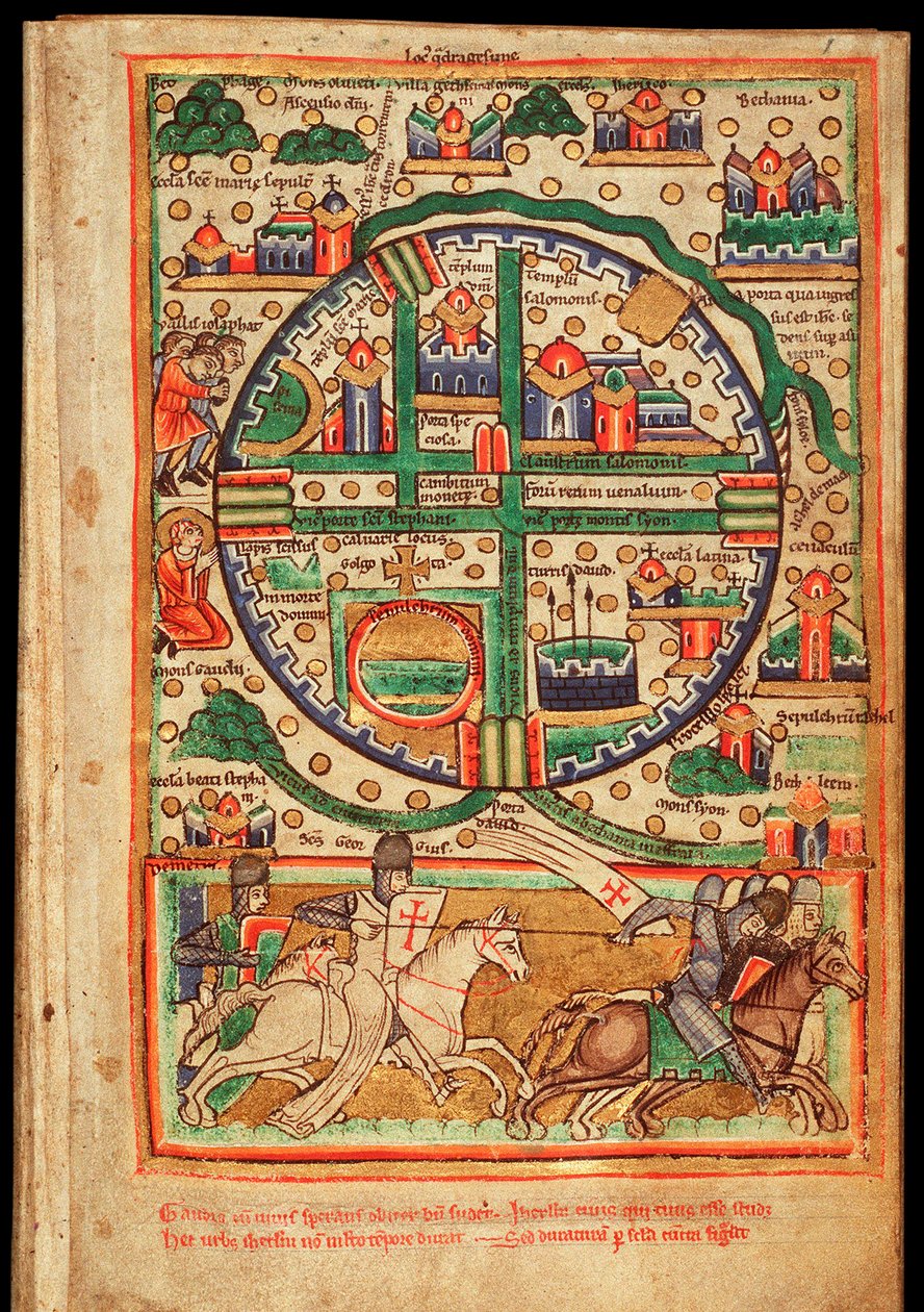 Jerusalemin suunnitelma (Israel) - Vesiväri pergamentille, ote käsikirjoitetusta psalterista, noin 1200 - Jerusalemin kaava, Psalterin fragmentti Vesiväri pergamentilla, n. 1200 - Koninklijke Bibliotheek, Haag tekijältä Unknown artist