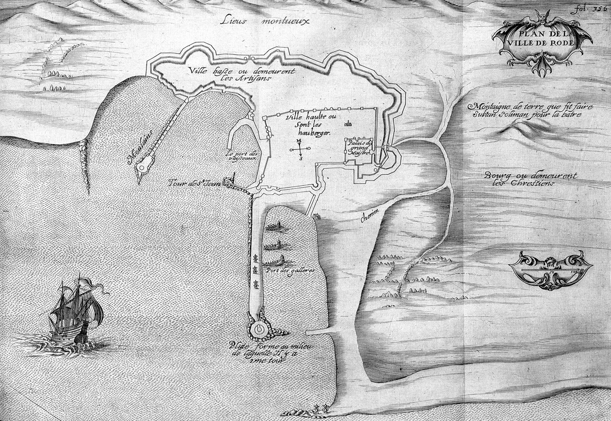 Rodoksen suunnitelma (Rodos) - kirjassa "" Kuninkaan käskyn tekemä matka de levant vuonna 1621", muokattu vuonna 1629 (Ludvig XIII Le Justen hallituskaudella) tekijältä Unknown artist