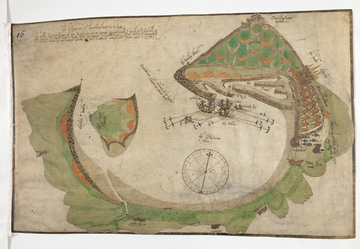 Richard Poulterin piirtämä suunnitelma San Sebastianin kaupungista ja satamasta, kesäkuu 1585 tekijältä Unknown artist