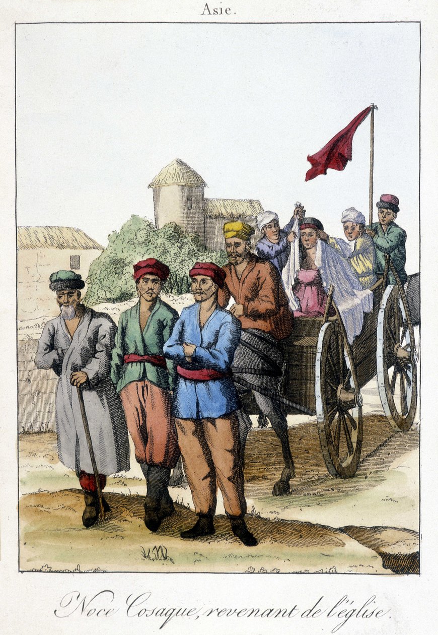 Kiltti vuodelta 1811, joka kuvaa ryhmää kasakkoja, jotka palaavat kirkosta häiden jälkeen. tekijältä Unknown artist