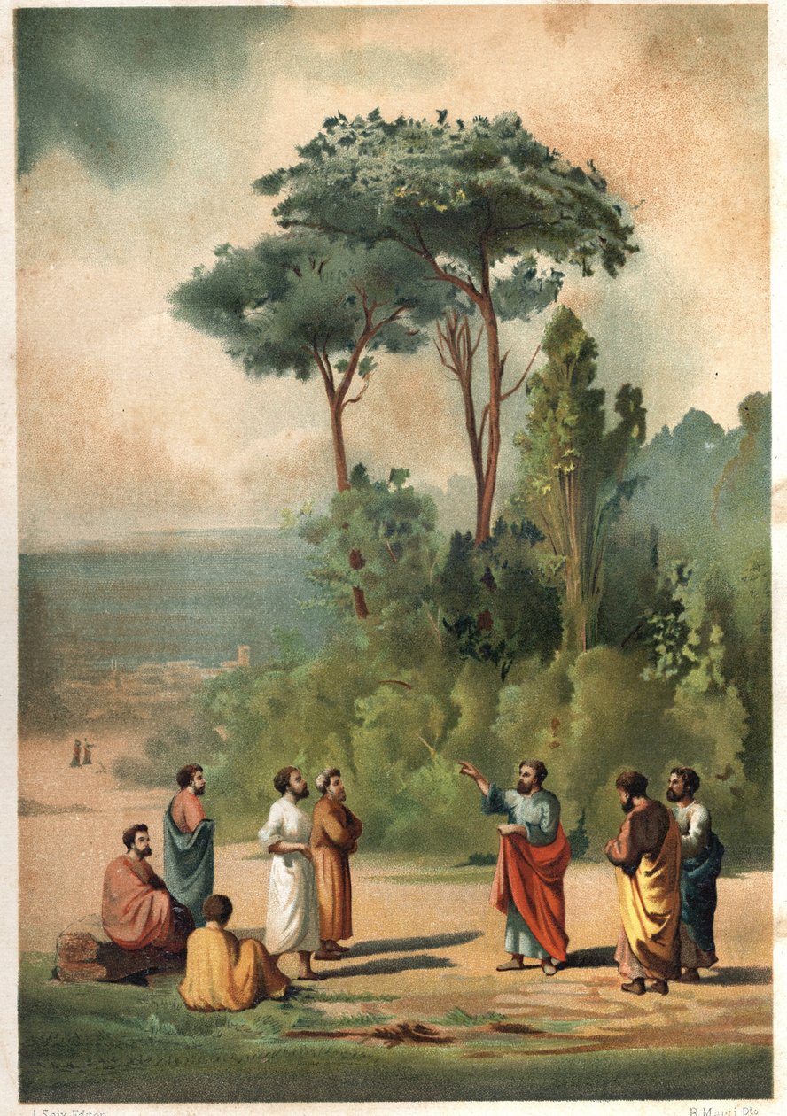 Platon ja hänen opetuslapsensa Akatemian puutarhoissa. jälkeen hombres y Mujeres kuuluisa. Barcelona 1877. tekijältä Unknown artist
