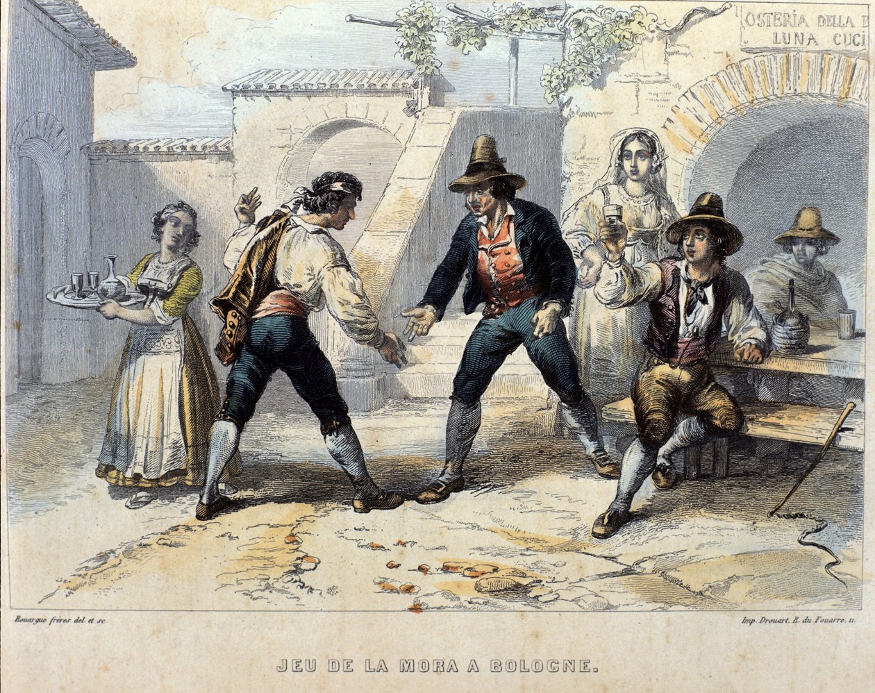 Pelaajat die (morra), italialainen peli osteriassa (majatalossa) Bolognassa. 1800-luvun alku tekijältä Unknown artist