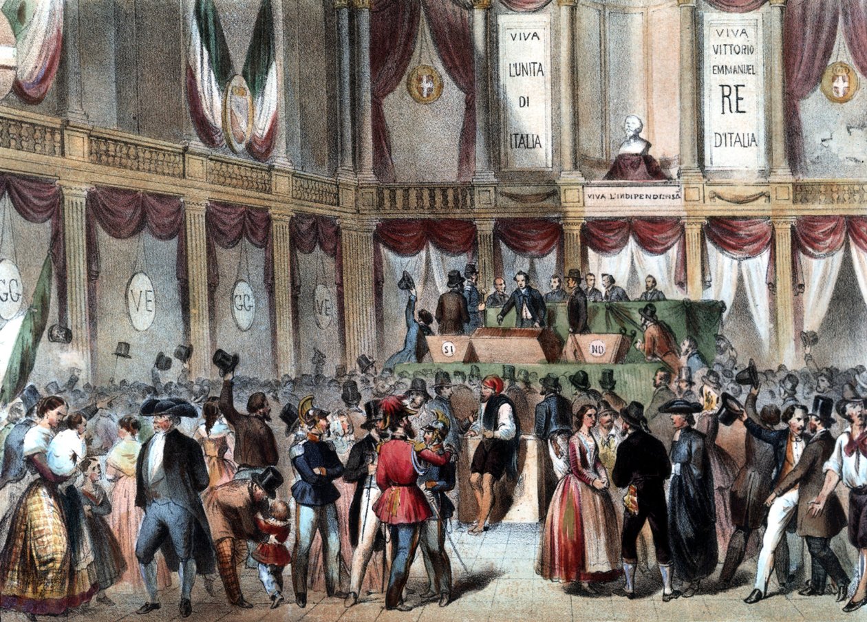 Kansanäänestys Napolin kuningaskunnan liittämisestä Italiaan vuonna 1860. Taustalla: Viva Vittorio Emmanele (Victor Emmanuel) Re D