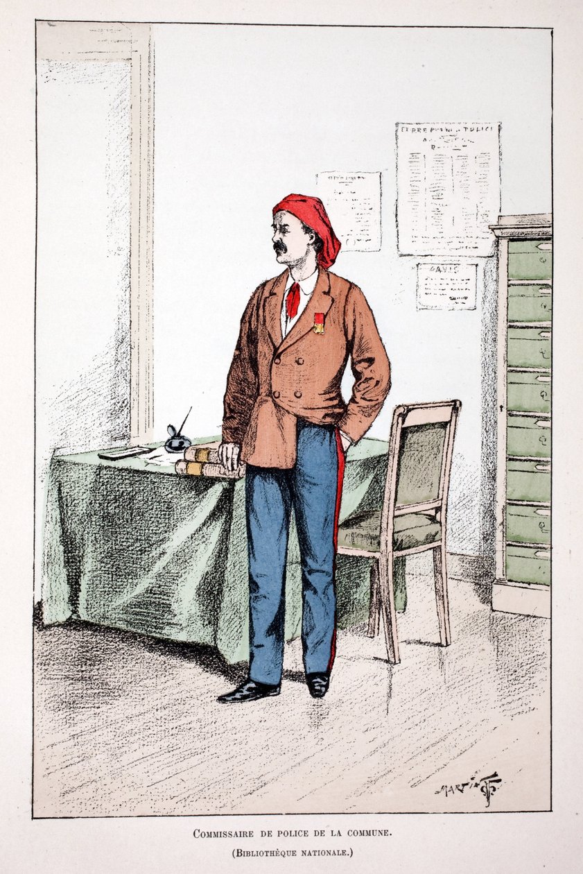 Kunnan poliisipäällikkö. Etsaus väreillä, havainnollistava "" Rauhanturvaajien joukkojen historia"" -kirja, Louis Lepinen (1846-1933) Seinen poliisin prefektin suojeluksessa, Alfred Rey (1864-?) ja Louis Feron. tekijältä Unknown artist