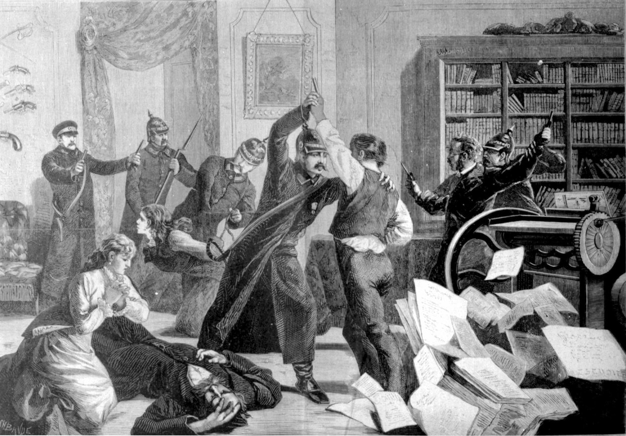 Poliisi murtautui Sapernaja-kadulla (Pietarissa) sijaitsevaan taloon, jossa painetaan salaisesti nihilist-sanomalehteä ”The National Will”. tekijältä Unknown artist