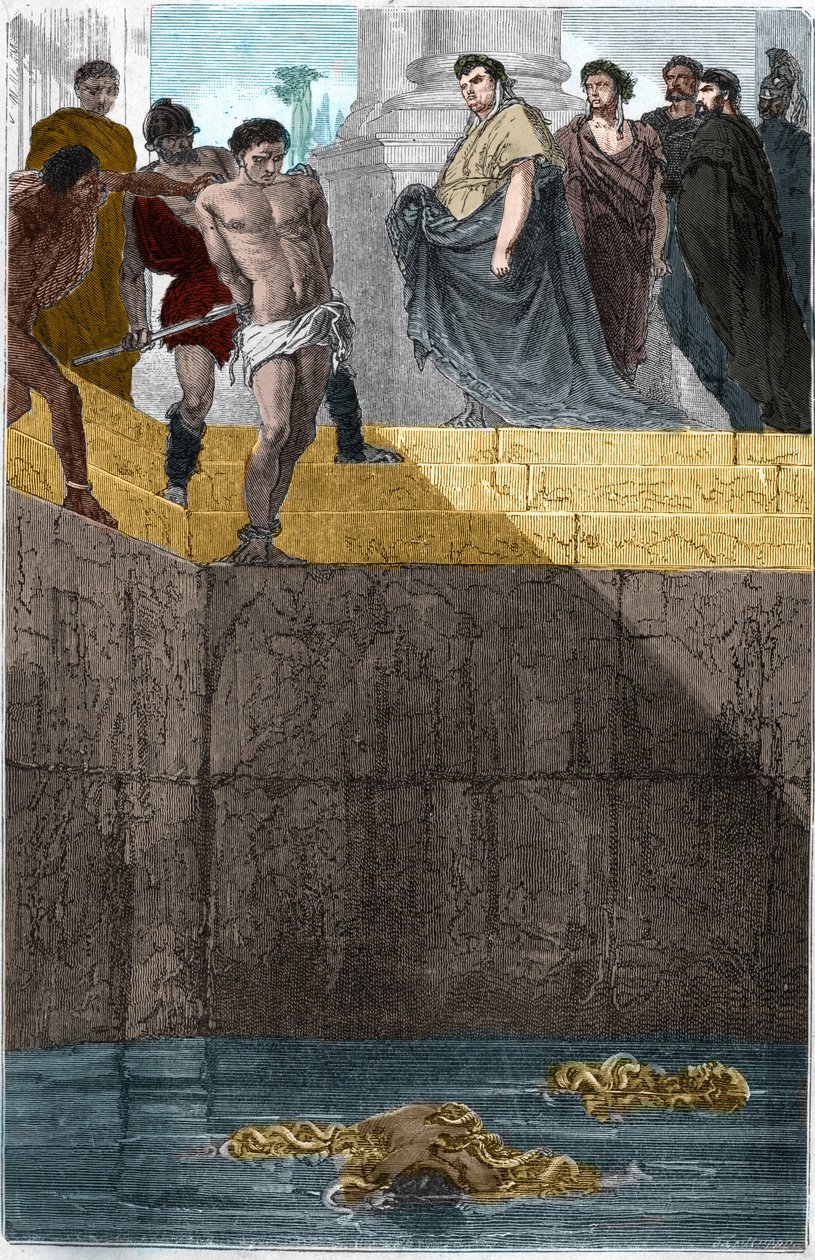 Pollion Vedius, roomalainen gastronomi, kuuluisa julmuudestaan orjiaan kohtaan. Saadakseen heidät kiinni hän heitti ne elävinä mureneilleen. Eräänä päivänä Augustus (Caius Octavius Thurinus) söi kotonaan, joten hän teki orjasakan syyllistyneenä cu:n rikkom tekijältä Unknown artist