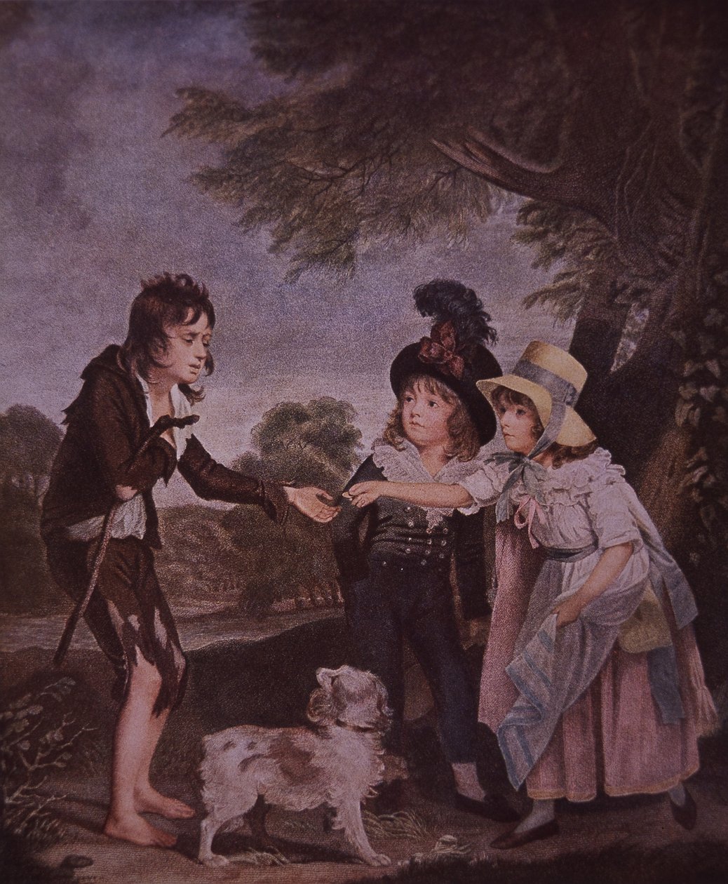 Köyhä poika kerjäämässä rikkailta lapsilta (väri litho) tekijältä Unknown artist