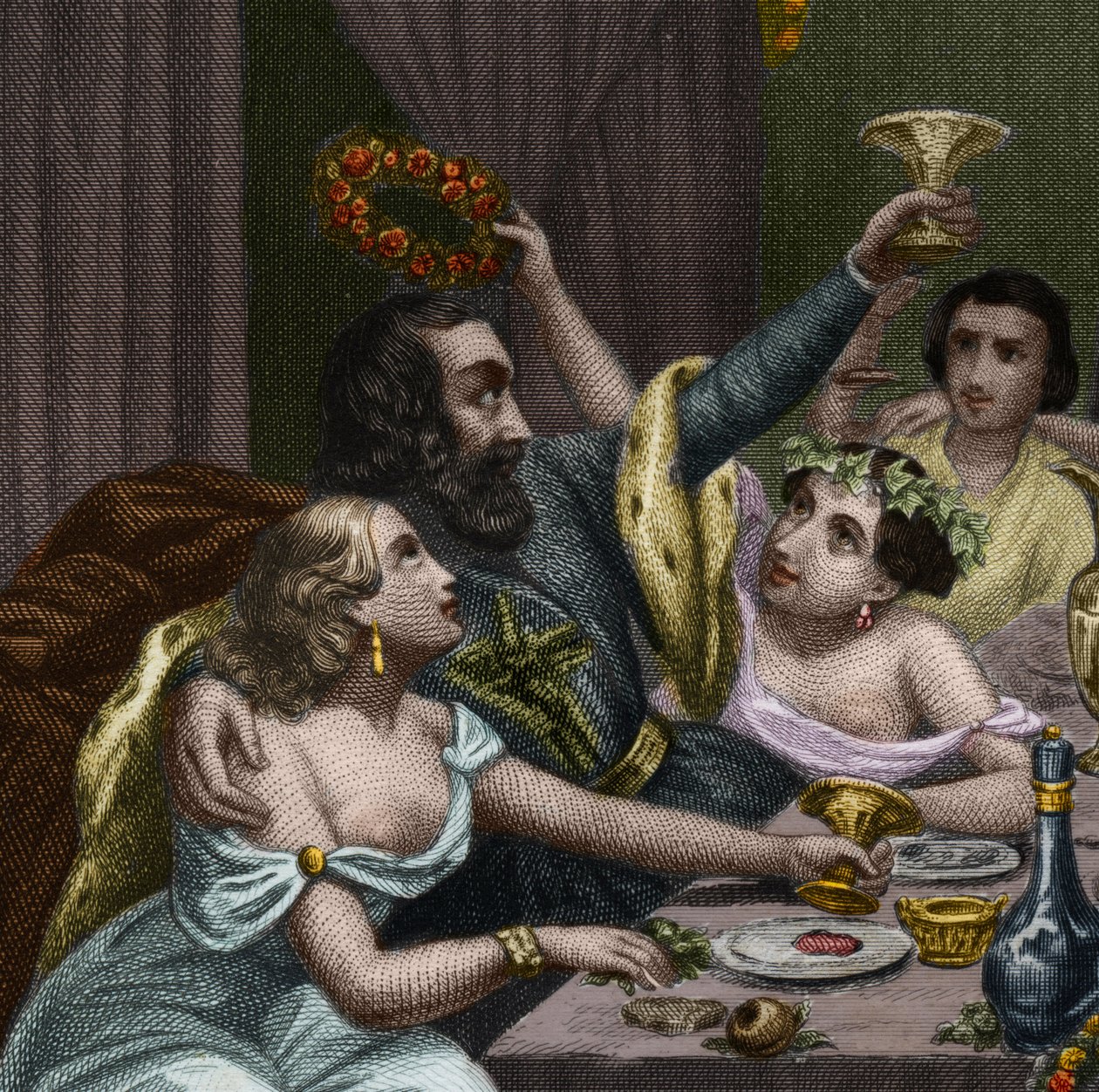Paavi Aleksanteri VI (1431-1503) (Alessandro, Rodrigo Borgia) Rodrigue Borgia juhlii tyttärensä Lucrece Borgian (Lucrezia) häitä 50 kurtisaanin kanssa Vatikaanissa. Kaiverrus vuodelta 1842 kirjassa "Histoire des Popes: rikokset, murhat, myrkytykset, parric tekijältä Unknown artist