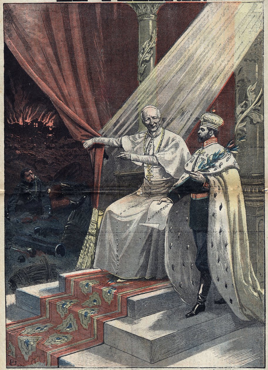 Paavi Leon XIII (1810-1903) näyttää Venäjän tsaari Nikolai II:lle (1868-1918) sodan kauhuja. Jälkimmäinen ehdottaa sitten aseistariisuntaa. Kuvitus "" Le Pelerin" -lehdessä 11. syyskuuta tekijältä Unknown artist