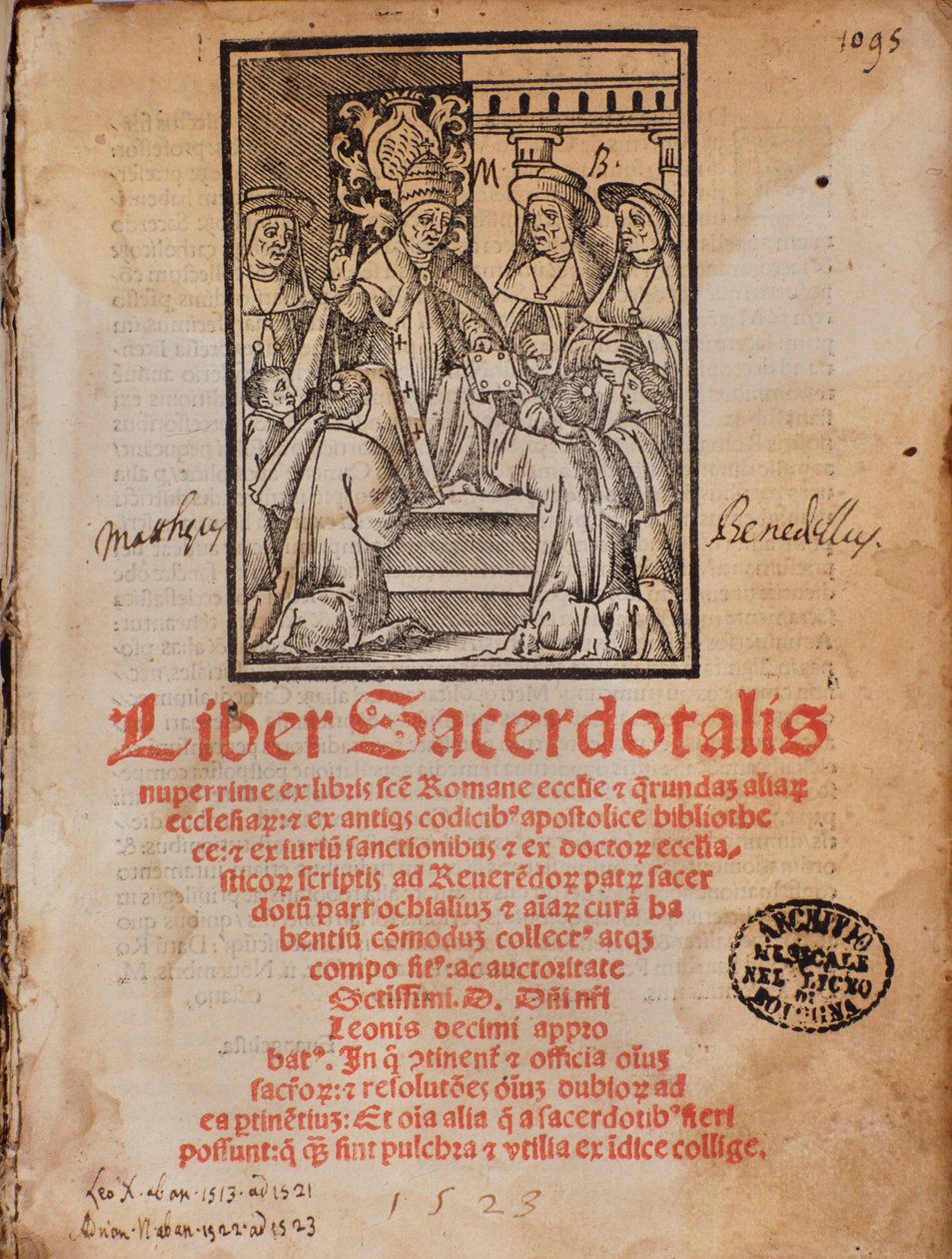 Paavi Leon X vastaanottaa Castellinin liturgiakirjan "Liber Sacerdotalis" kirjan Frontispice tekijältä Unknown artist