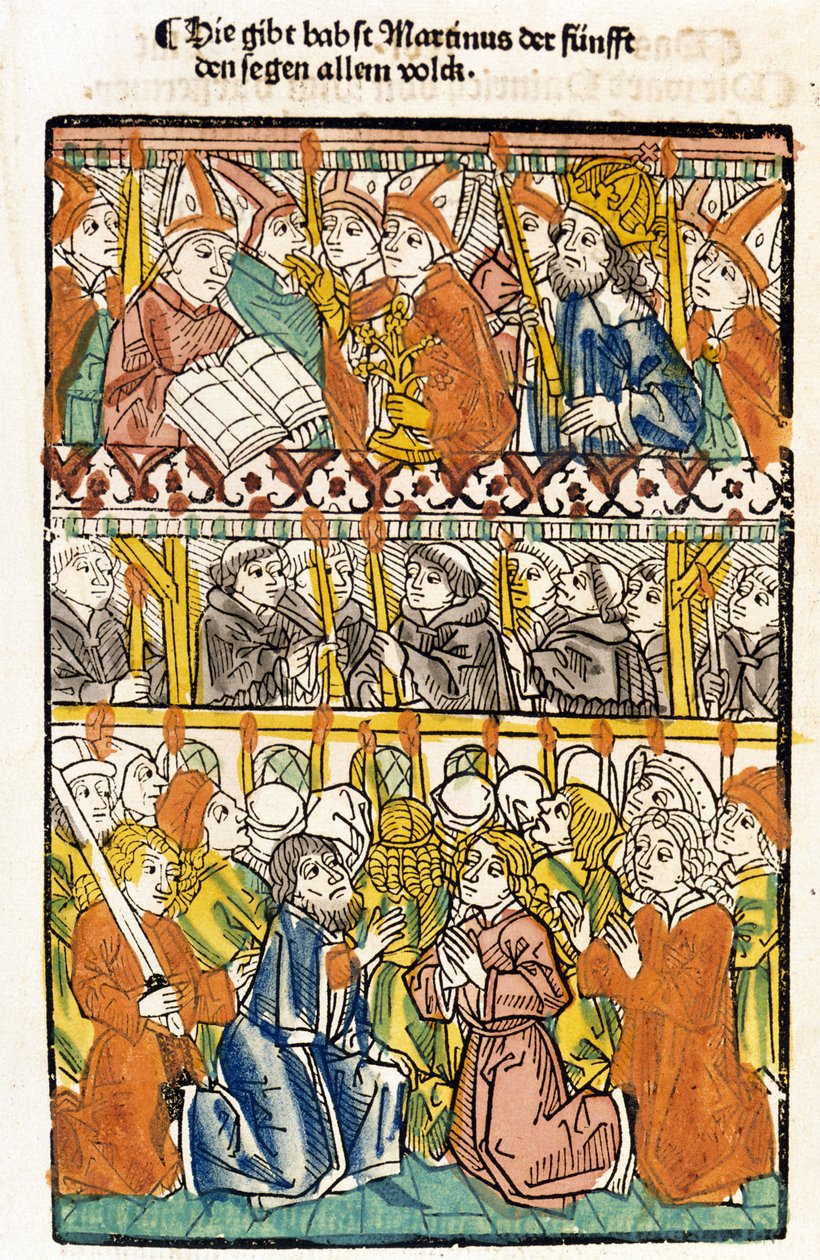 Paavi Martti V (1368 - 1431), joka valittiin Konstanzin kirkolliskokouksessa (1417) lopettamalla lännen suuren jakautumisen, suorittaa siunauksen. “Das concilium” tekijältä Unknown artist