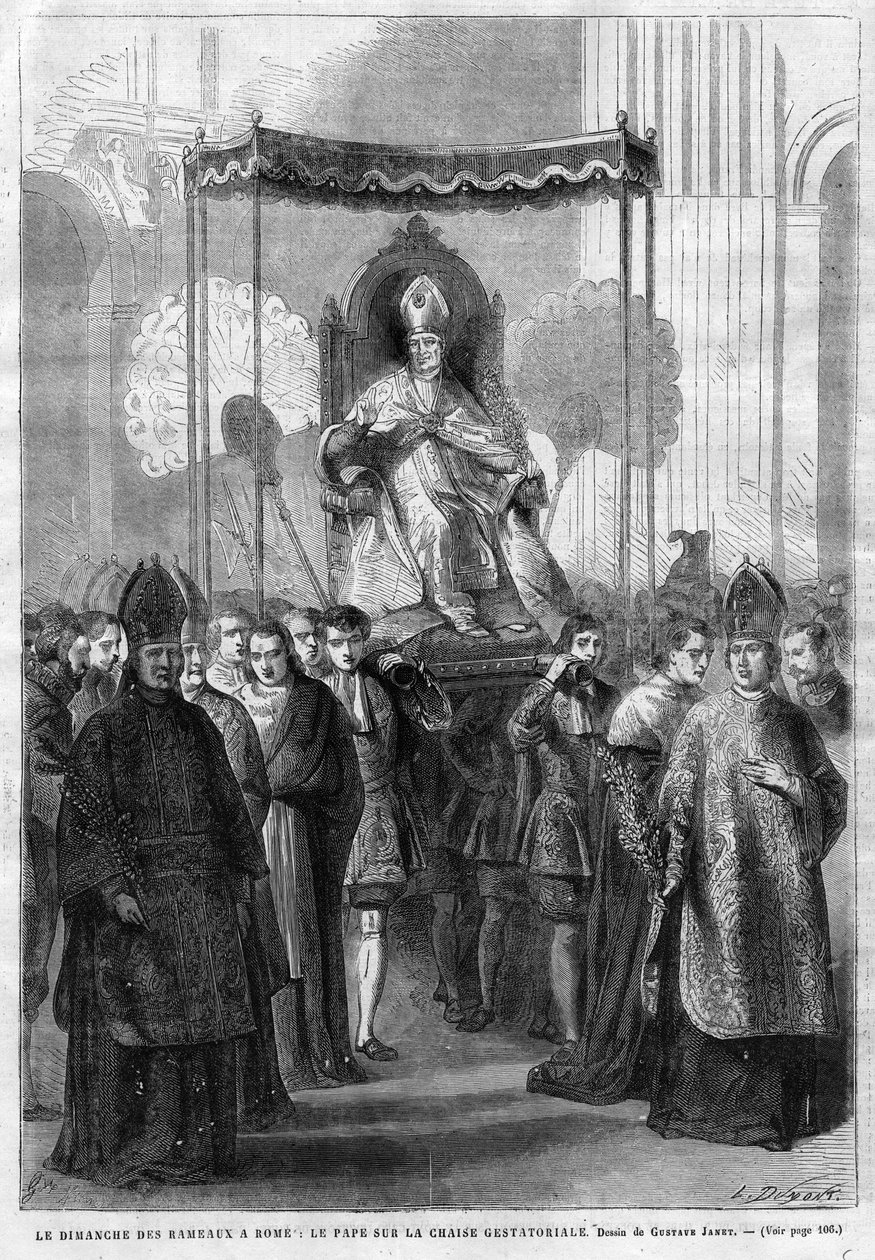 Paavi Pius IX (1835-1914) sedia gestatoriassa - Palmusunnuntai Roomassa: Paavi Pius IX (Pius Pio 9) raskaustuolissa - Gustave Janetin piirros - Kuvaava päiväkirja vuodelta 1868 tekijältä Unknown artist