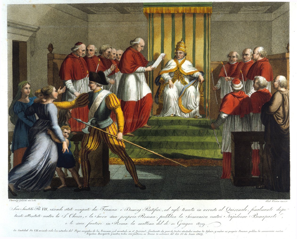 Paavi Pius VII (1742 - 1823) erotti Napoleon Bonaparten 10. kesäkuuta 1809. Kaiverrus 1800-luvulta. tekijältä Unknown artist