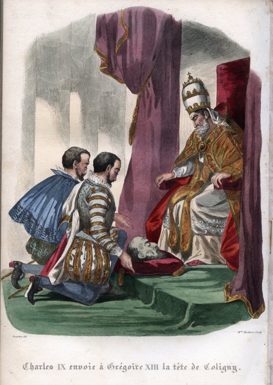 Paavi Gregorius XIII (1502-1585) vastaanottaa Pyhän Bartolomeuksen päivän joukkomurhassa vuonna 1572 murhatun Gaspard de Colignyn (1519-1572) pään lahjana Ranskan kuninkaalta Kaarle IX:ltä (1550-1574). tekijältä Unknown artist