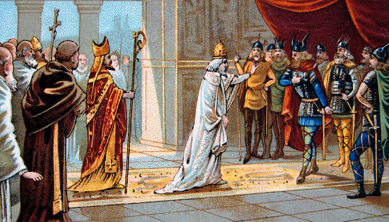 Paavi Stephanus II (Stephanus) pyytää Pepin Briefin apua langobardeja vastaan vuonna 754 Ponthionin palatsissa – paavi Stefanos II (III) pyytää Pepin Lyhyeltä apua langobardeja vastaan vuonna 754 tekijältä Unknown artist