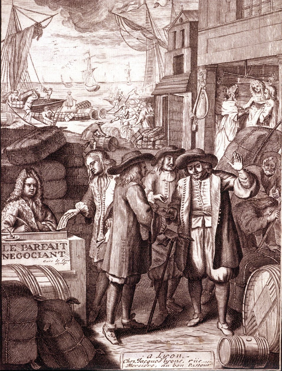 Satamakauppiaat puhuvat keskenään. 1800-luvun kaiverrus. tekijältä Unknown artist