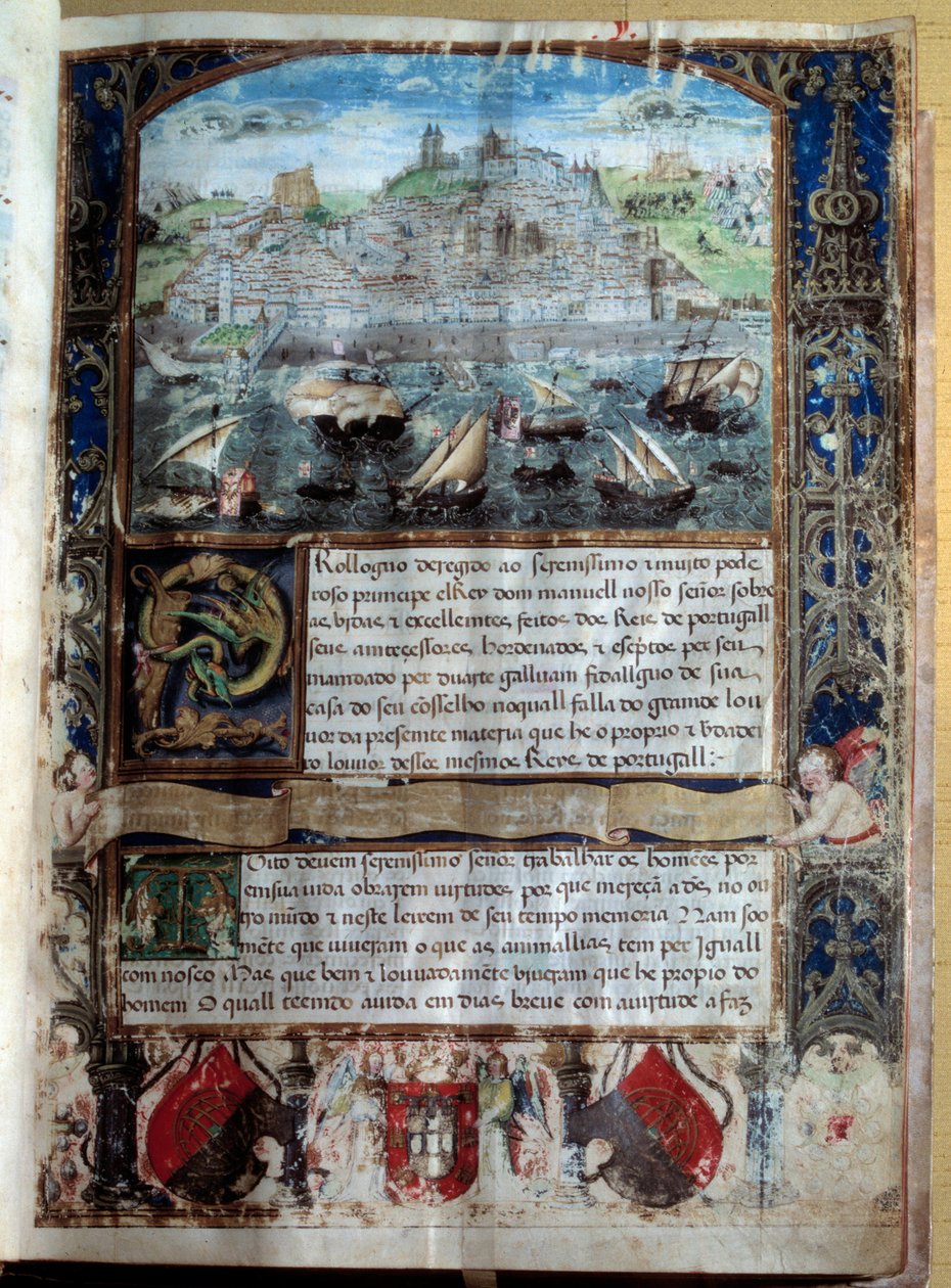 Lissabonin satama 1500-luvulla Miniatyyri "" Kuningas Alfonso Henrin kronikassa"" tekijältä Unknown artist