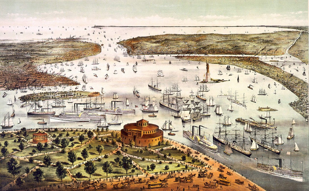 New Yorkin satama; ilmanäkymä. Kaiverrus v. 1892. tekijältä Unknown artist
