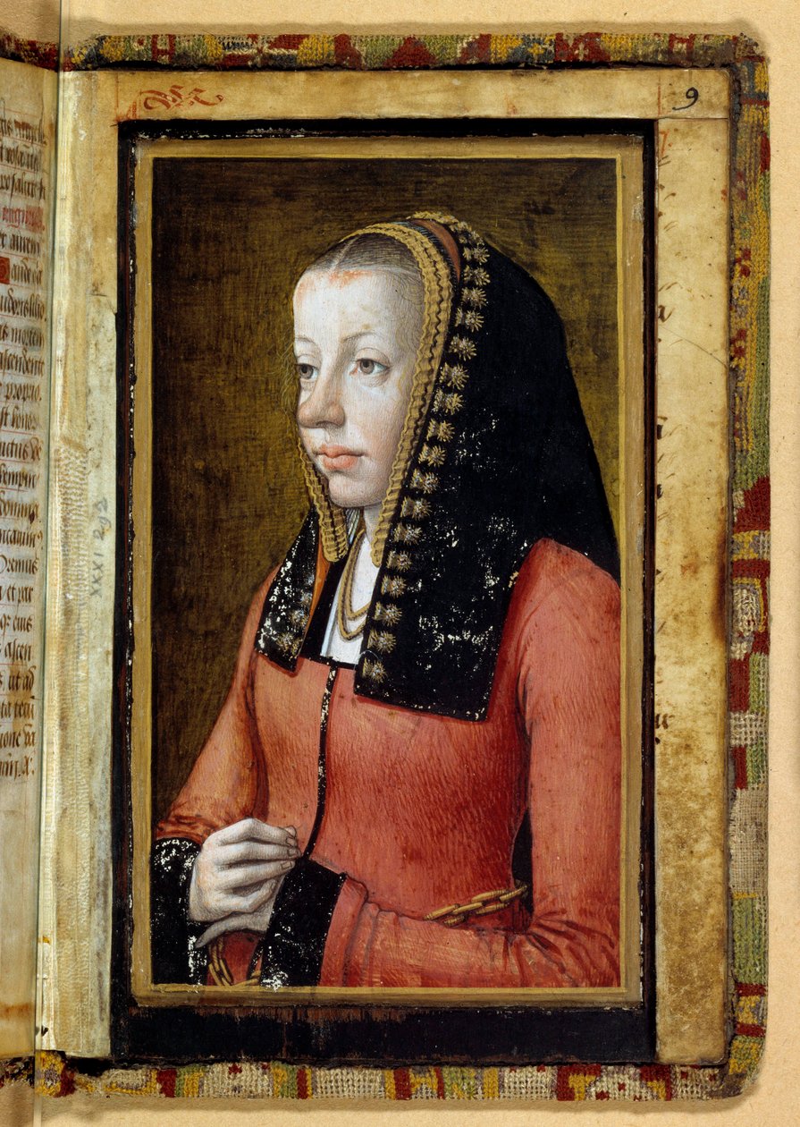 Muotokuvassa oletetaan Anna Bretagnen (1477-1514) Ranskan kuningatar. Miniatyyri, katkelma tuntikirjasta. Anonyymi tekijältä Unknown artist