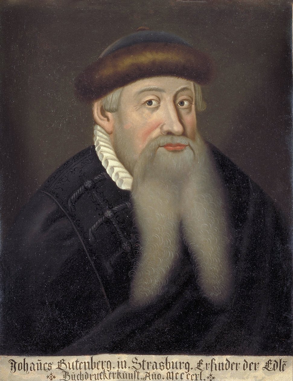 Johannes Gensfleisch dit Gutenbergin (1394/99-1468), saksalaisen kirjailijan muotokuva (Johannes Gutenbergin muotokuva) - anonyymi peinture du 17eme siecle - Keion yliopiston kirjasto tekijältä Unknown artist