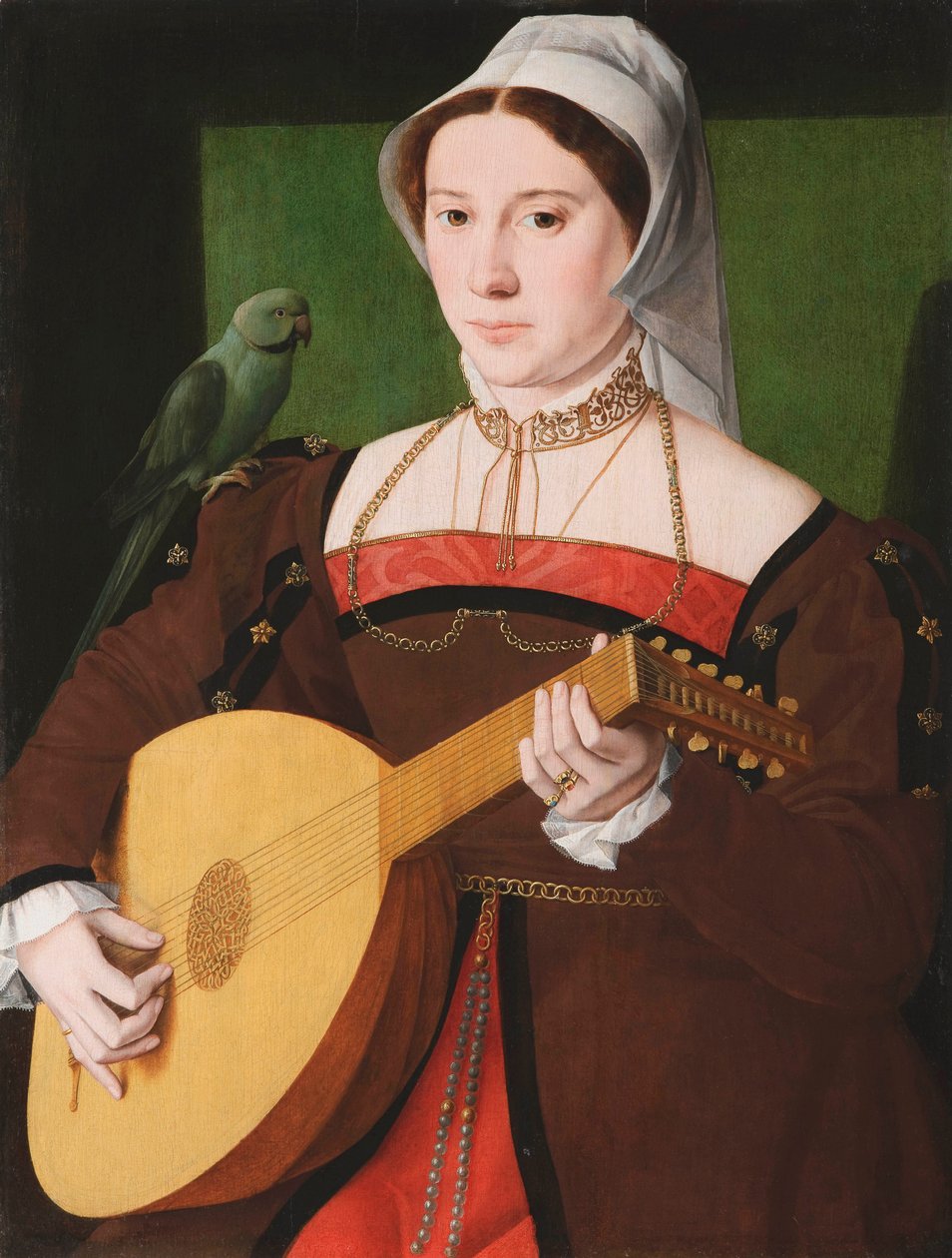 "Muotokuva naisesta soittamassa luuttua, papukaija olkapäällään" Nimetön maalaus n. 1540 Öljy puulle, 70x55 - Fondation Custodia tekijältä Unknown artist
