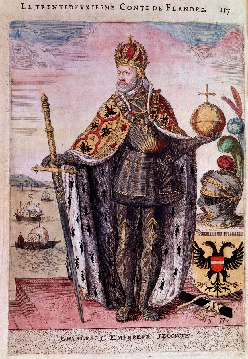 Muotokuva Kaarle V:n (1500-1558) jalassa 30 sekunnin laskussa Flanderin kaiverrus 1500-luvun Pariisista, B.N. tekijältä Unknown artist