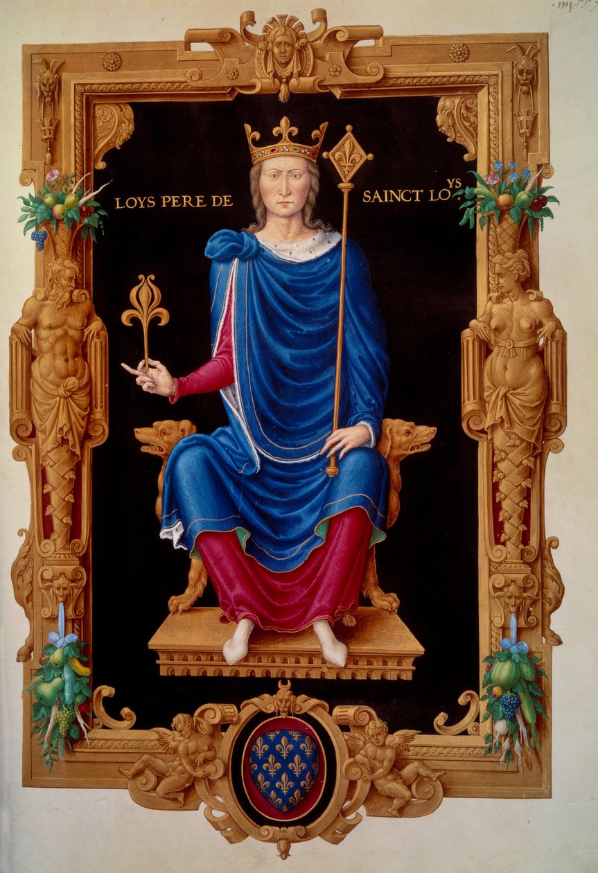 Muotokuva Ranskan kuninkaan Ludvig VIII:n, leijonan (1187 - 1226) Saint Louisin isän jalassa. Miniatyyri Jean Tillet