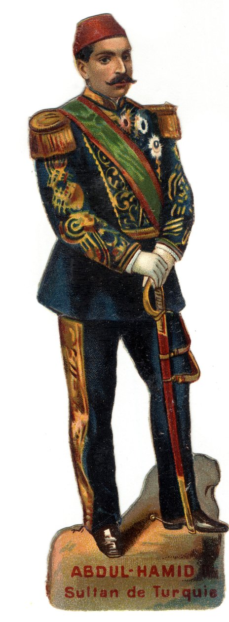 Muotokuva Abdulhamid II:sta (Abd ul Hamid, Abd-ul-Hamid, Abdulhemit, Abdul Hamid, Abdul Hamid, Abd al-Hamid, Abd al-Hamid) (1842-1918), Ottomaanien sulttaani (Turkki). Myöhäinen kromolitografia 1800-luvulta. Yksityinen kokoelma tekijältä Unknown artist