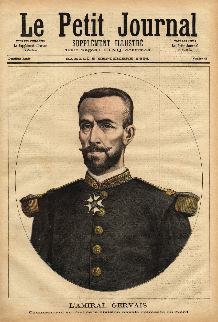 Muotokuva amiraali Gervaisista (1837-1921), pohjoisen merivoimien osastopäällikkö. Kaiverrus "" Le petit Journal" -lehdessä 5/09/1891. Selvan kokoelma. tekijältä Unknown artist