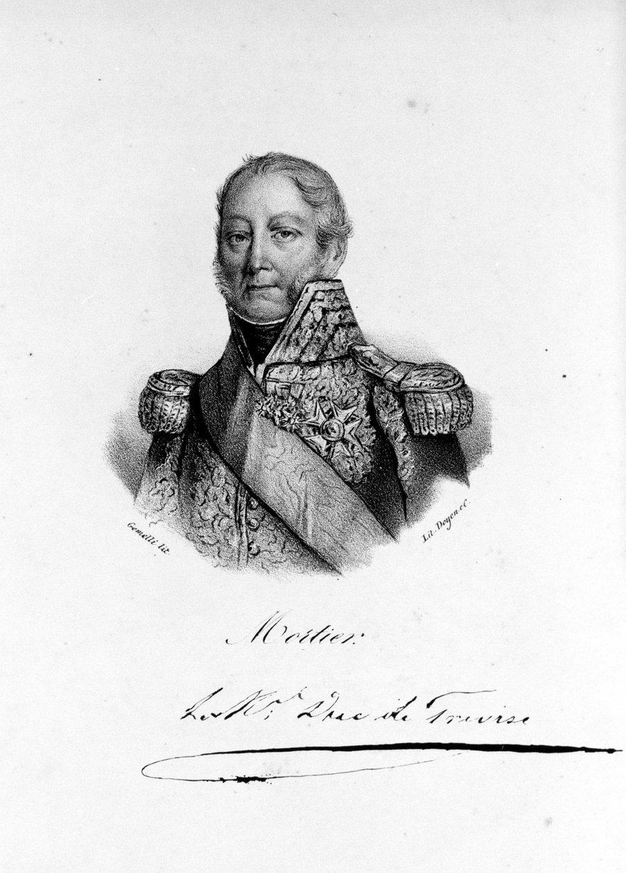 Adolphe Edouard Casimir Joseph Mortierin muotokuva, Trevison herttua, ranskalainen marsalkka ja poliitikko (1768 - 1835). Kaiverrus 1800-luvulta. tekijältä Unknown artist