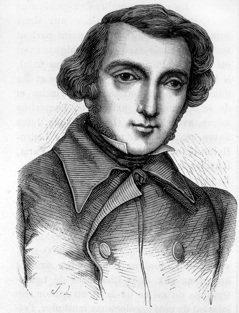 Muotokuva Alexis de Tocquevillestä (1805 - 1859), ranskalaisesta historioitsijasta ja poliitikosta. Kaiverrus 1800-luku. tekijältä Unknown artist