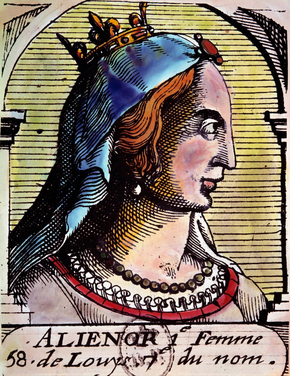 Alienor of Aquitaine (1122-1204) (kutsutaan myös Eleonore de Guyenne), Ranskan kuningattaren muotokuva. Kaiverrus. BN Pariisi tekijältä Unknown artist
