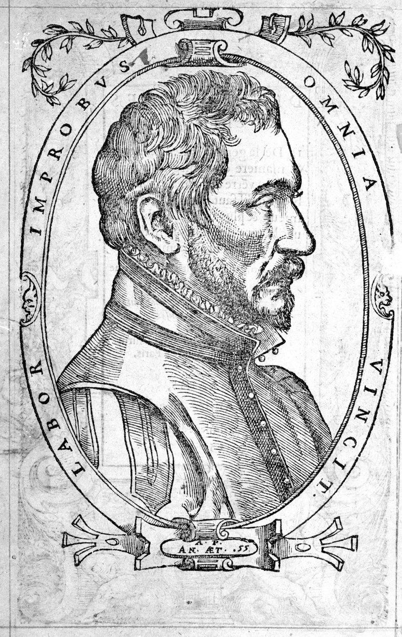 Ambroise Paren muotokuva, ranskalainen lääkäri ja kirurgi (1509-1590) Kaiverrus 1500-luvulta tekijältä Unknown artist