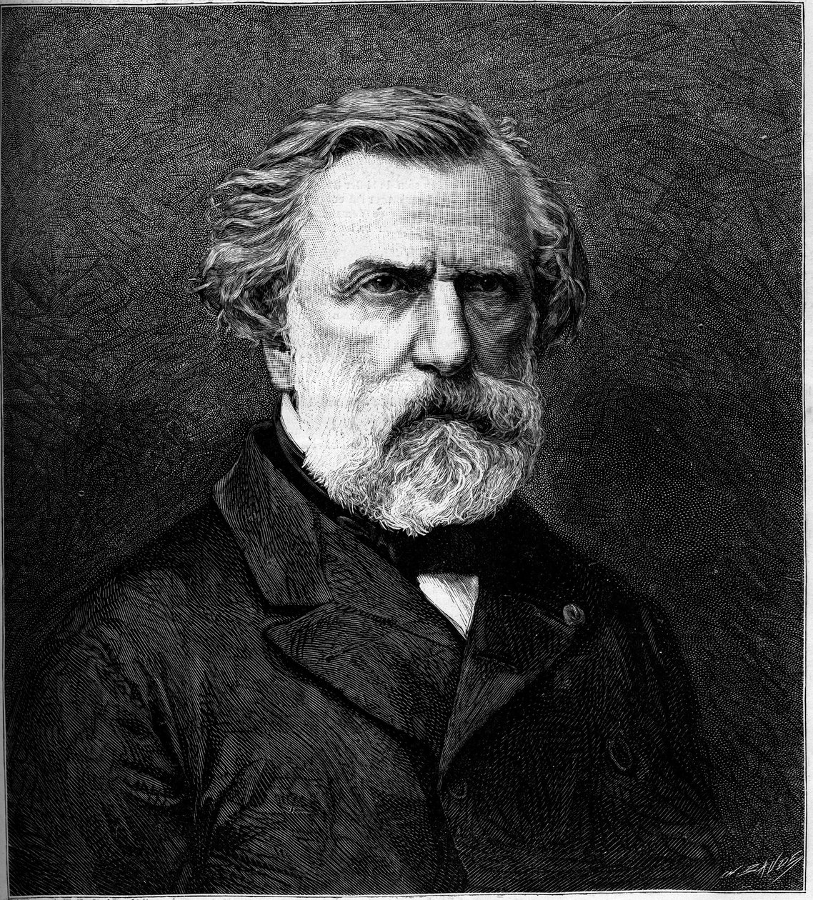 Ranskalaisen säveltäjän Ambroise Thomasin (1811-1896) muotokuva. Kaiverrus "" Le Monde Illustré" -julkaisussa nro 1308, 22. huhtikuuta 1882. tekijältä Unknown artist