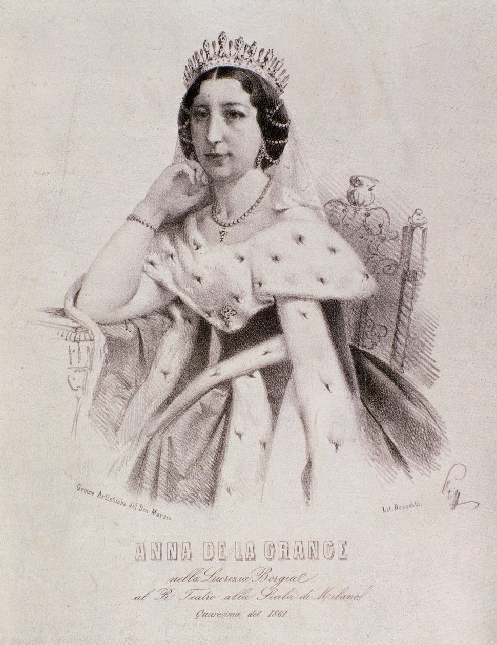 Anna de la Grangen muotokuva Lucrezia Borgiassa (kaiverrus tekijältä Unknown artist