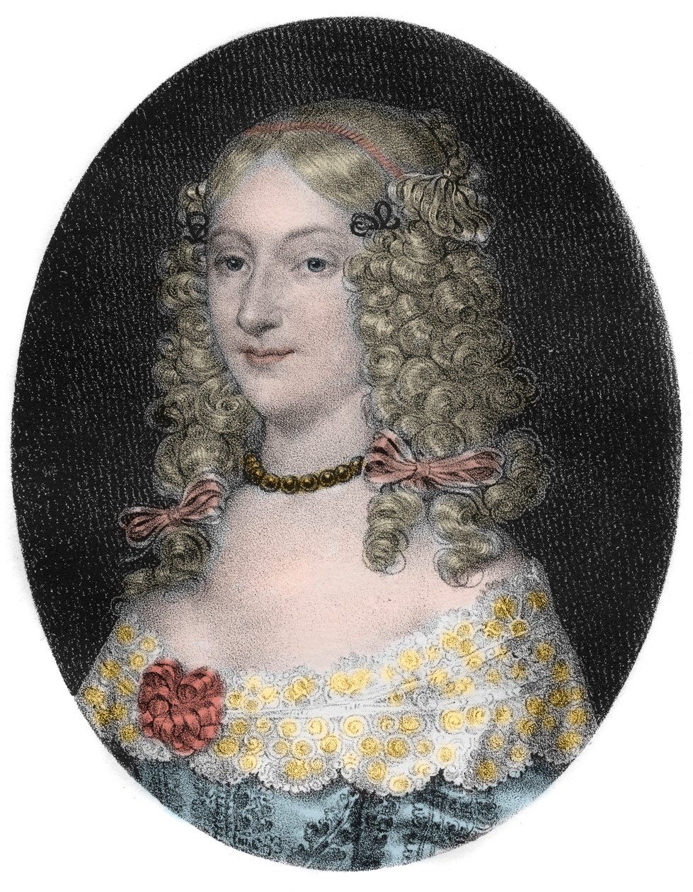 Anne-Genevieve de Bourbon-Conden (1619-1679) Longuevillen herttuattaren muotokuva - Anne Genevieve de Bourbon Conden (Anne-Genevieve de Bourbon-Conde), Longuevillen herttuattaren (1619-1679) muotokuva 1800-luvun kaiverrus tekijältä Unknown artist