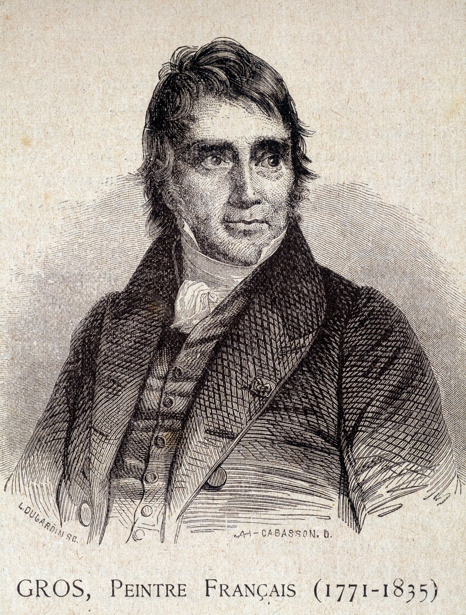 Antoine Jean Grosin, ranskalaisen taidemaalarin (1771-1835) muotokuva - elokuvassa "Les Contemporains", n.d. 1800-luvun loppu (kaiverrus) tekijältä Unknown artist