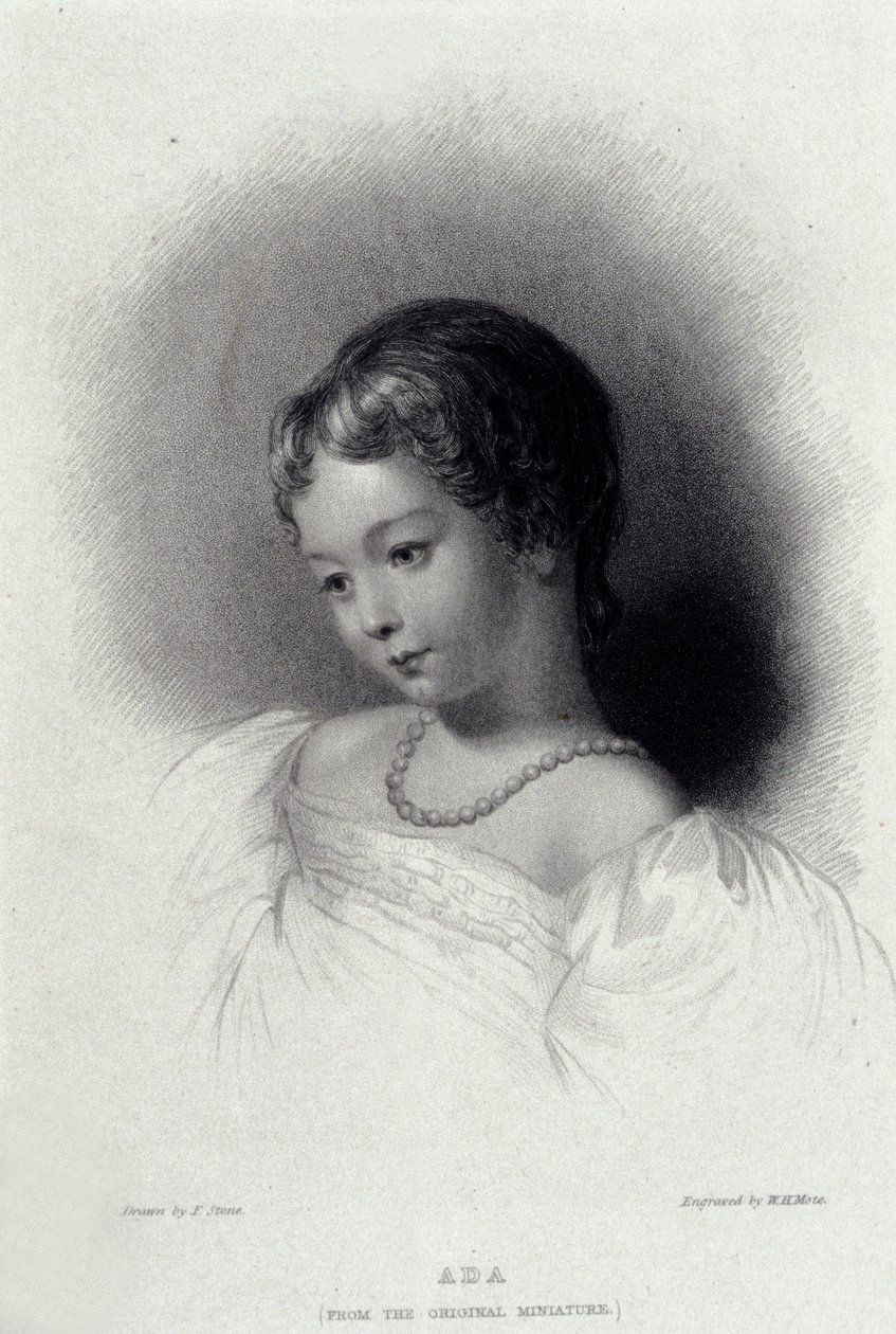 Muotokuva Augusta Ada Byronista (1815-1852), josta tuli Anna Lovelace, runoilija George Gordon Byronin tytär. Kaiverrus 1800-luvulta. tekijältä Unknown artist