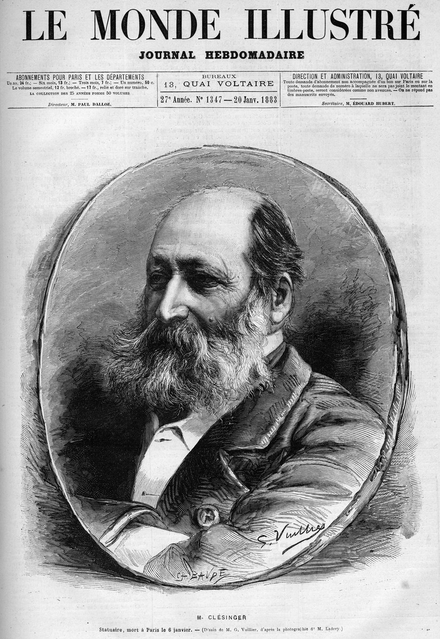 Auguste Clesingerin (1814-1883), ranskalaisen kuvanveistäjän ja taidemaalarin muotokuva. Kaiverrus "" Le Monde illustrious"" 1883. Yksityinen kokoelma. tekijältä Unknown artist