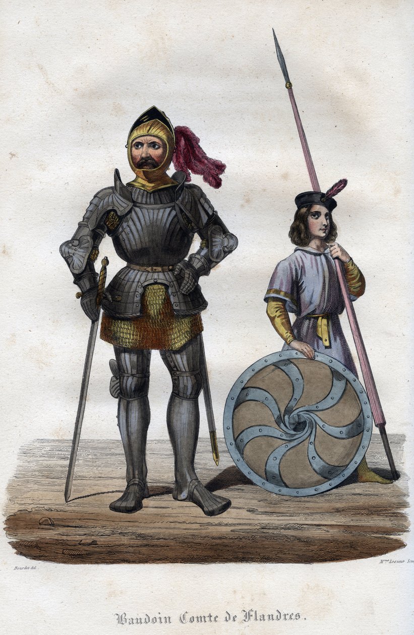 Baldwin I:n, Flanderin kreivin (830-879), joka tunnetaan myös nimellä Baldwin Iron Arm, muotokuva. (Baudouin I, Flanderin kreivi, joka tunnetaan myös nimellä Iron Bras tai Good). Kaiverrus vuodelta 1842 Maurice Lachatren teokseen "Histoire des Popes". Yksi tekijältä Unknown artist