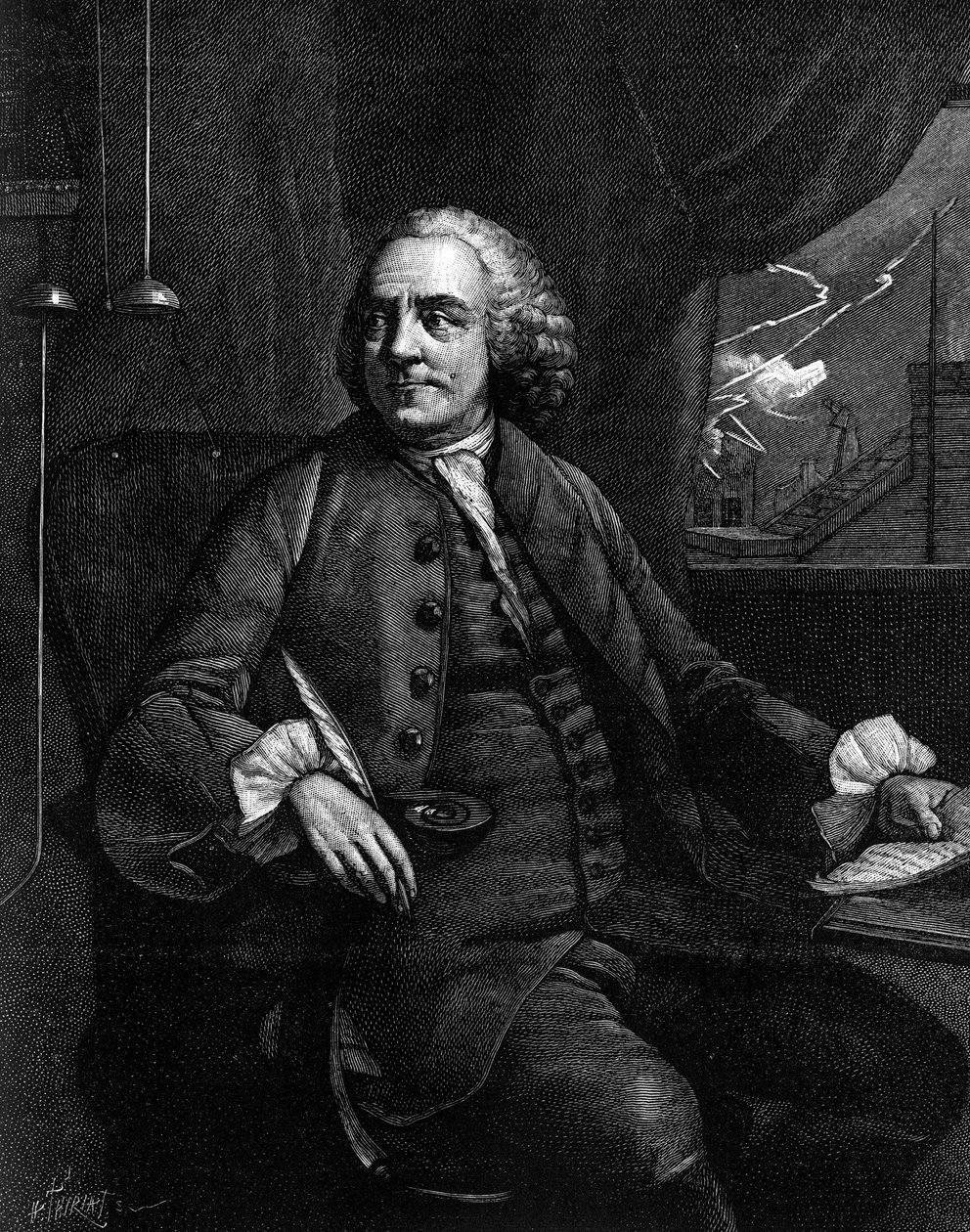 Muotokuva Benjamin Franklinista (1706-1790), yhdysvaltalaisesta filosofista, fyysikasta ja suurlähettilästä. (Vanhasta kaiverruksesta). Kaiverrus "" Luontoon: katsaus tieteisiin ja niiden sovelluksiin taiteeseen ja teollisuuteen" 31. maaliskuuta tekijältä Unknown artist