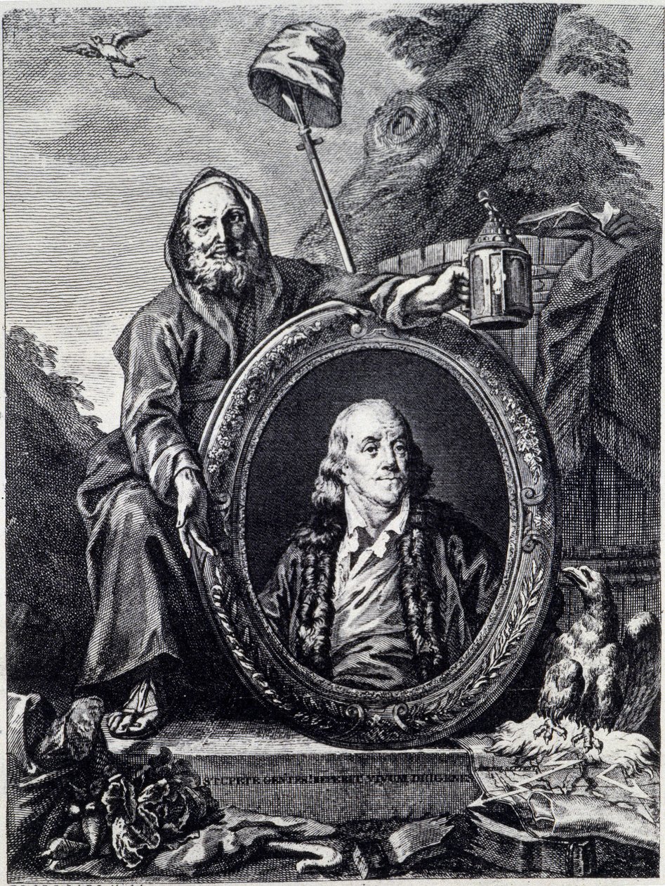 Muotokuva Benjamin Franklinista (1706 - 1790), amerikkalainen poliitikko, muistokirjoittaja, pamfletaari ja fyysikko tekijältä Unknown artist