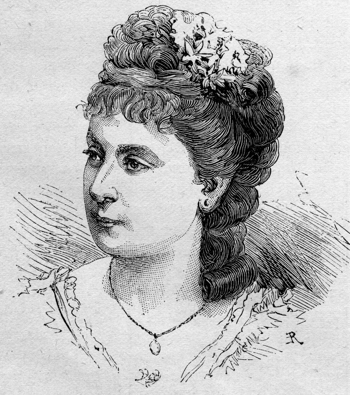 Blanche Berettan (Beretta) (s. 1855) muotokuva, ranskalainen koomikko, Comedie Francaisen jäsen vuosina 1875–1901. Kaiverrus 16. elokuuta 1879 ilmestyneeseen Le Monde Illustré -julkaisuun n¡1168. tekijältä Unknown artist