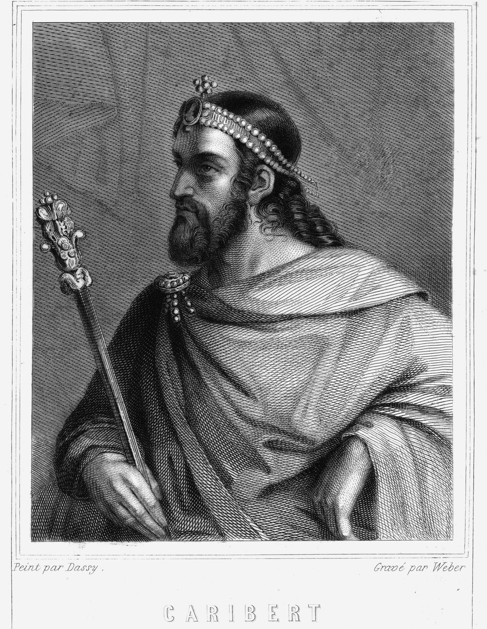 Caribertin (? -?), Pariisin kuninkaan (561 - 567) muotokuva - Lavalléen "" Histoire des Français" -kirjassa, kaiverrus, sd. tekijältä Unknown artist
