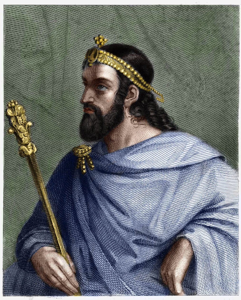 Caribertin (? -?) muotokuva, Pariisin kuningas (561 - 567) - Lavalleen "" Histoire des Francais" -kirjassa, kaiverrus, sd. tekijältä Unknown artist