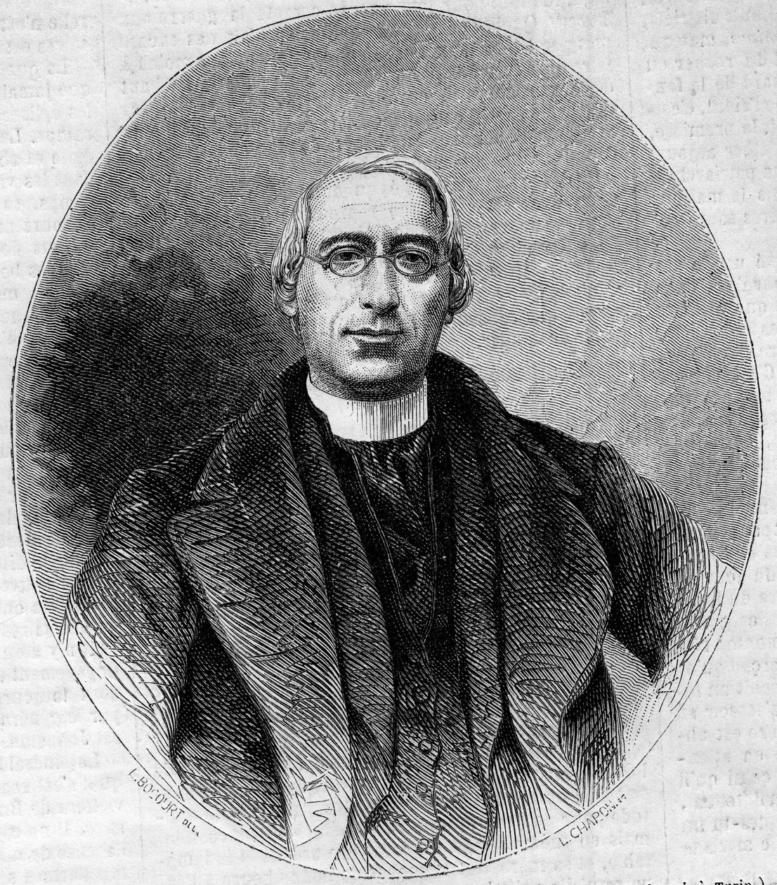 Muotokuva Carlo Passagliasta (1812-1887), italialainen kirkkomies, Italian yhtenäisyyden puolue. Kaiverrus "" Le Monde Illustré" -julkaisussa n¡240, 16. marraskuuta 1861. tekijältä Unknown artist