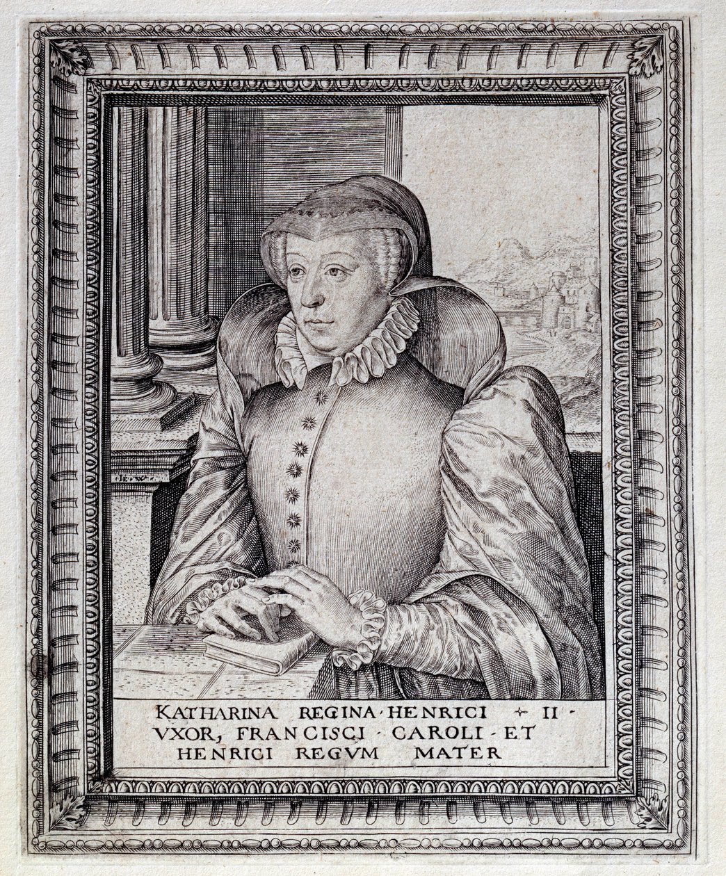 Ranskan kuningattaren Katariina de Mediciksen (Caterina de Medici) (1519-1589) muotokuva. Kaiverrus 1500-luvulta. Pau, Musee du Chateau tekijältä Unknown artist