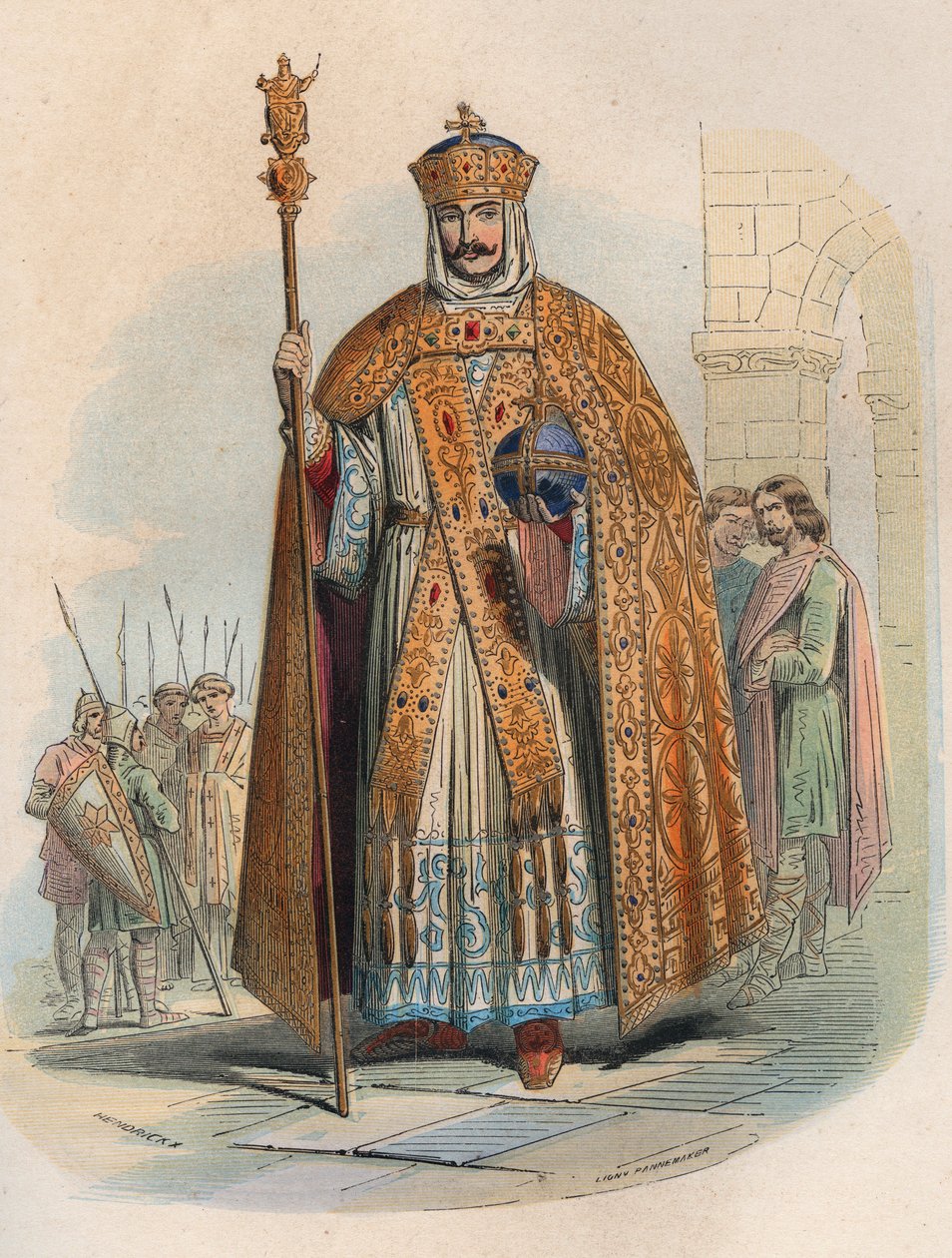 Kaarle Suuren (742-814), Ranskan kuninkaan muotokuva. Kaiverrus vuodelta 1868 Theodore Justen (1818-1888) teokseen "Histoire de Belgique primitiivistä Leopold I:n hallituskauden loppuun". Yksityinen kokoelma. tekijältä Unknown artist