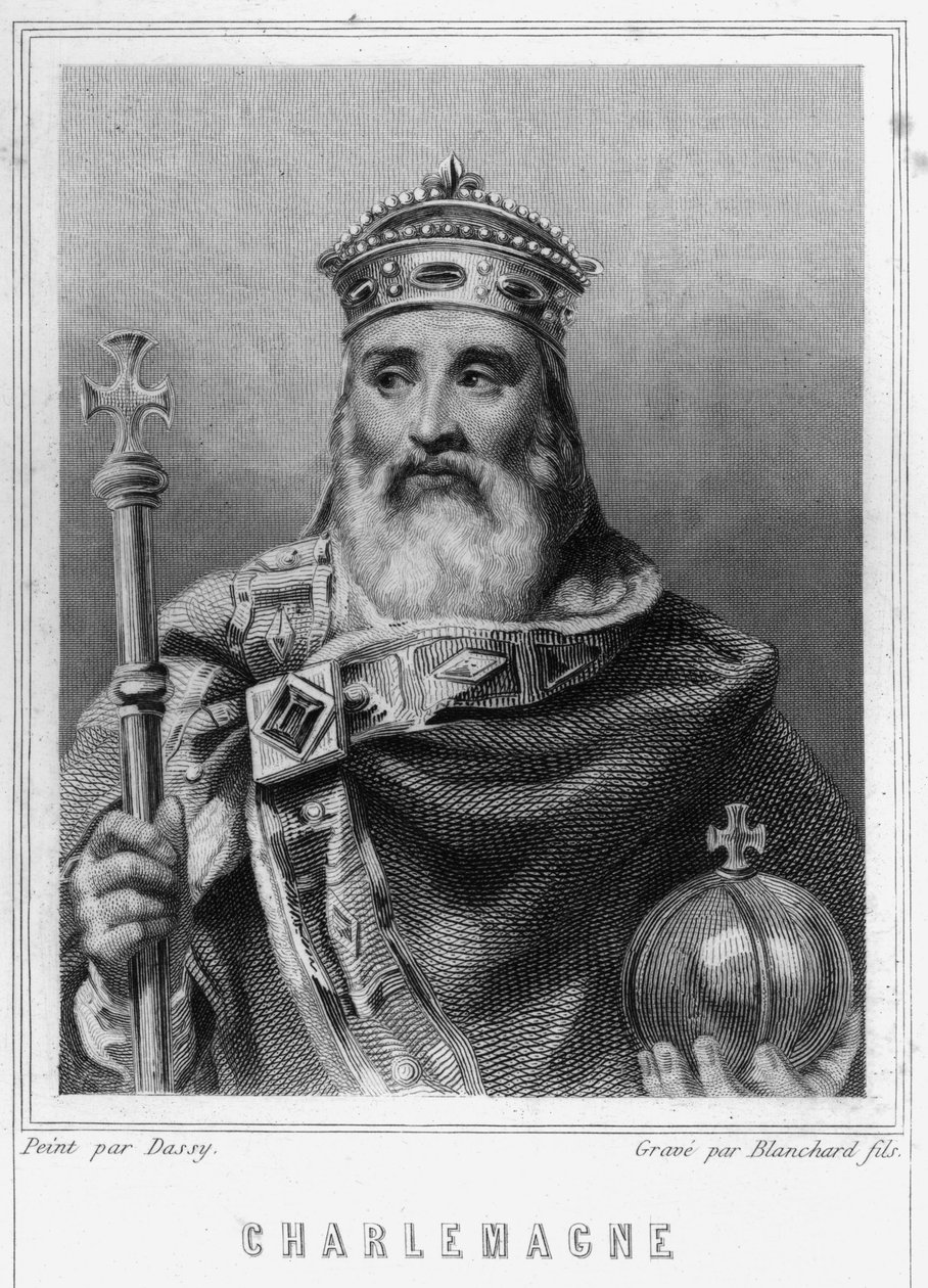 Kaarle Suuren (742 - 814), Ranskan kuninkaan muotokuva - Lavalléen "Histoire des Français" -kirjassa, kaiverrus, sd. tekijältä Unknown artist