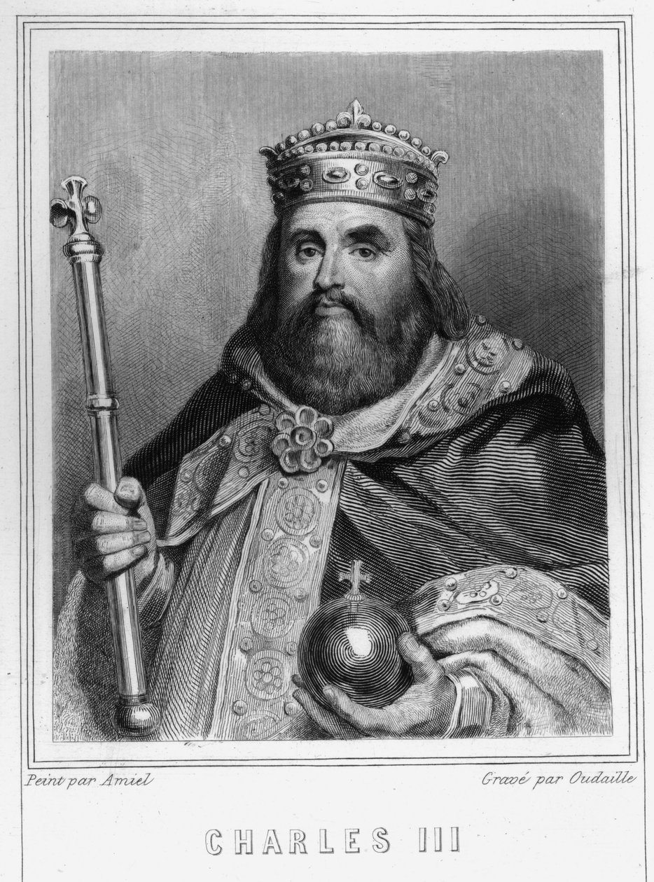 Kaarle III:n (839 - 888), lännen keisarin (881 - 887) ja Ranskan valtionhallinnon (884 - 887) muotokuva - Lavalléen "Histoire des Français" -kirjassa, kaiverrus, sd. tekijältä Unknown artist